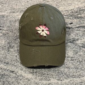 New Custom Designed Olive Green Distressed Baseball Cap with Dip Dyed Flower